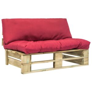 Záhradná paletová sedačka z borovicového dreva červené vankúše