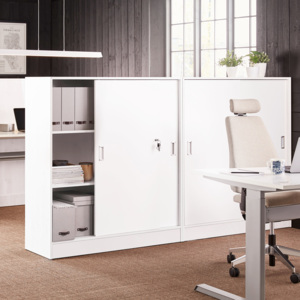 Kancelárska skriňa Flexus s posuvnými dverami, 1325x1200x415 mm, biela