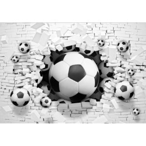 Fototapeta, Tapeta 3D Footballs Bursting Through Brick Wall, (254 x 184 cm)