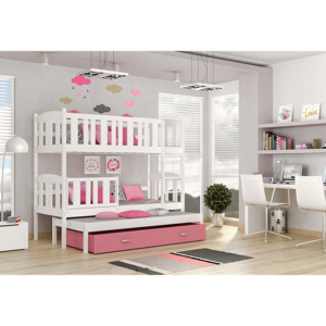 Detská poschodová posteľ KUBA 3 color + matrac + rošt ZADARMO, 184x80 cm, biela/ružová