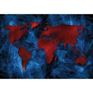 Fototapeta - Červená mapa sveta - modrý podklad (254x184 cm)