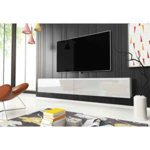 TV stolek MENDES D 180, 180x30x32, bílá/bílá lesk, s LED osvětlením