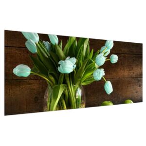Obraz modrých tulipánov vo váze (120x50 cm)