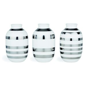 Sada 3 bielych kameninových váz s detailmi v striebornej farbe Kähler Design Omaggio, výška 8 cm