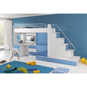 Detská poschodová posteľ RAJ 5, 80x200, univerzálna orientácia, biela/modrá lesk