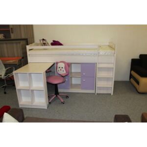 DLR, KAMIL detská vyvýšená posteľ s písacím stolom z masívu, fialovo-biela