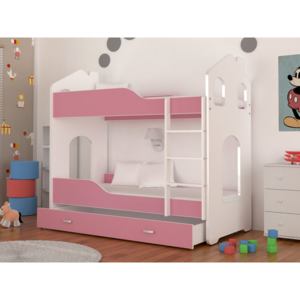 Detská poschodová posteľ DOMINIK 160x80 Domek, biela/ružová