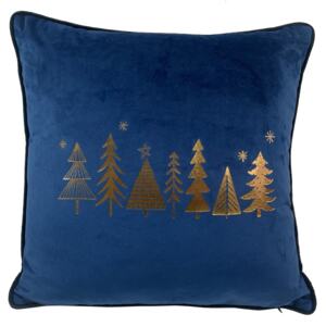 Vianočný štvorcový modrý velúrový vankúš s motívom zlatých stromčekov 40 x 40 cm 35524