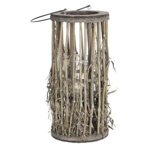 Lucerna so skleneným valcom z bambusových stoniek s listami - Ø 18 * 40 cm