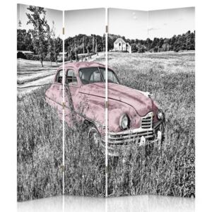 CARO Paraván - Pink Car In The Field | štvordielny | obojstranný 145x150 cm
