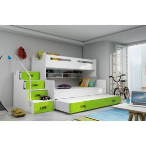 Detská poschodová posteľ s rozšíreným spodným lôžkom a prístelkou MAXÍK 3 bielo-zelená - 200x120 cm + matrac ZADARMO