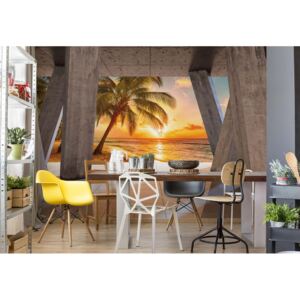 Fototapeta - Sunset Tropical Beach 3D Modern View Concrete Vliesová tapeta - 416x254 cm