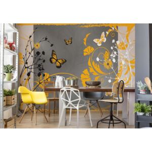 Fototapeta - Flowers And Butterflies Modern Design Yellow Vliesová tapeta - 416x254 cm