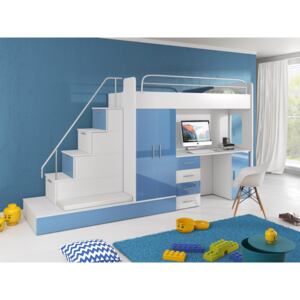 Detská posteľ Ruby V (Biela + Modrá) (s roštom a matracom). Akcia -33%. Vlastná spoľahlivá doprava až k Vám domov