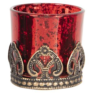 Červený sklenený svietnik na čajovú sviečku s kovovým zdobením -O 5 * 5 cm