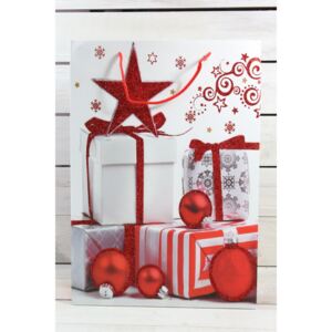 Vianočná darčeková taška - červené gule s darčekmi (31x44 cm)