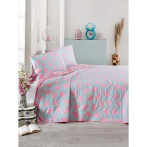 Modro-ružová prikrývka cez posteľ na dvojlôžko s obliečky na vankúše Pari, 200 x 220 cm