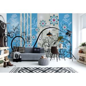 Fototapeta - Modern Floral Design With Swirls Blue Papírová tapeta - 184x254 cm