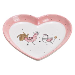 Tanier - tácka v tvare srdca, keramika, "Dekor kohút-sliepočka" 20x3x20cm (10026403 plate Rooster Chicken Decor, Pink Ceramic Heart Sh)