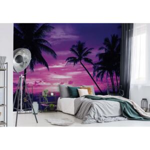 Fototapeta - Beach Tropical Sunset Purple Palms Vliesová tapeta - 254x184 cm
