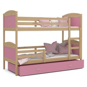 Detská poschodová posteľ so zásuvkou MATTEO - 160x80 cm - ružová / borovica