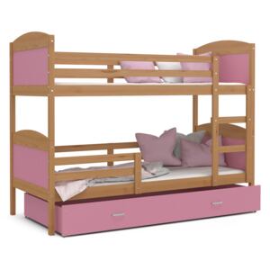 Detská poschodová posteľ so zásuvkou MATTEO - 160x80 cm - ružová / jelša