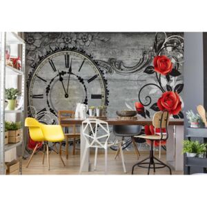 Fototapeta GLIX - Clock And Roses Vintage Wood And Floral + lepidlo ZADARMO Vliesová tapeta - 254x184 cm