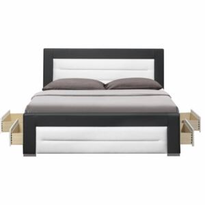 Tempo Kondela Manželská posteľ s roštom a šuplíkmi, ekokoža čierna/biela, 160x200, NAZUKA