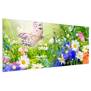 Obraz letných kvetov s motýľom (120x50 cm)