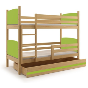 Poschodová posteľ BRENEN + matrac + rošt ZADARMO, 80x160 cm, borovica, zelená