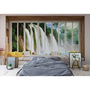 Fototapeta - 3D Window View Waterfall Vliesová tapeta - 416x290 cm