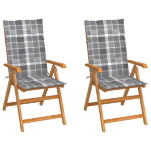 Záhradné stoličky 2ks so sivými kockovanými podložkami tíkový masív
