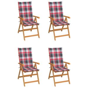 Záhradné stoličky 4 ks podložky s červeným kockovaným vzorom tíkový masív