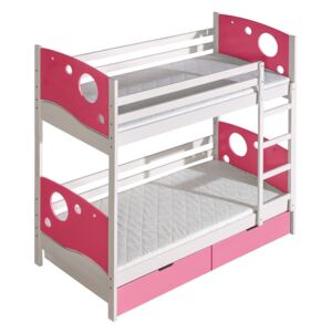 Poschodová posteľ Mewil, Farby: borovica namorená na bielo / ružová, horný matrac: bez matraca, spodný matrac: bez matraca