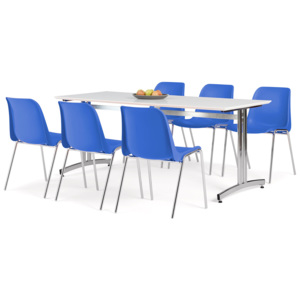 Jedálenská zostava 1x stôl Š 1800 x H 700, biela / chróm, 6x stolička modrá