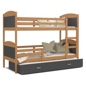 Detská poschodová posteľ s prístelkou MATTEO - 190x80 cm - sivá / jelša