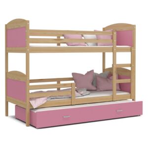 Detská poschodová posteľ s prístelkou MATTEO - 190x80 cm - ružová / borovica