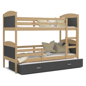Detská poschodová posteľ s prístelkou MATTEO - 190x80 cm - sivá / borovica