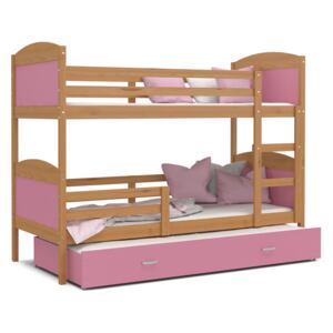 Detská poschodová posteľ s prístelkou MATTEO - 190x80 cm - ružová / jelša