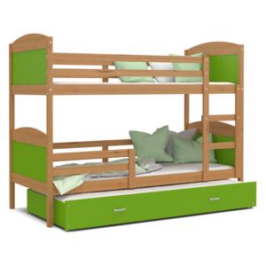 Detská poschodová posteľ s prístelkou MATTEO - 190x80 cm - zelená / jelša