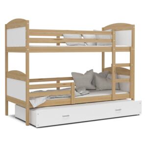 Detská poschodová posteľ s prístelkou MATTEO - 190x80 cm - biela / borovica