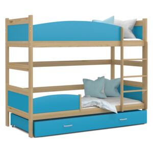Detská poschodová posteľ so zásuvkou TWISTER X - 190x80 cm - modrá / borovica