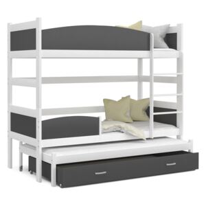 Detská poschodová posteľ s prístelkou a zásuvkou TWISTER - 190x80 cm - šedo-biela