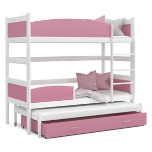 Detská poschodová posteľ s prístelkou a zásuvkou TWISTER - 190x80 cm - ružovo-biela
