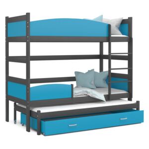 Detská poschodová posteľ s prístelkou a zásuvkou TWISTER - 190x80 cm - modro-šedá