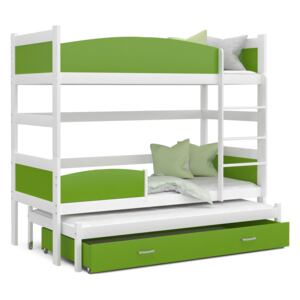Detská poschodová posteľ s prístelkou a zásuvkou TWISTER - 190x80 cm - zeleno-biela