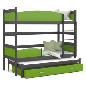 Detská poschodová posteľ s prístelkou a zásuvkou TWISTER - 190x80 cm - zeleno-šedá