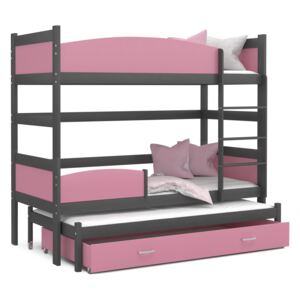 Detská poschodová posteľ s prístelkou a zásuvkou TWISTER - 190x80 cm - ružovo-šedá