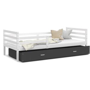 Detská posteľ RACEK P color s vysokou zábranou + matrac + rošt ZADARMO, 184x80 cm, korpus biely/zásuvka šedá