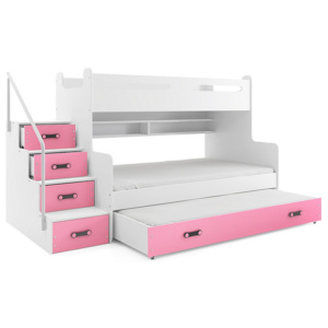 Patrová postel XAVER 4 + matrace + rošt ZDARMA, 120x200, bílý, růžová